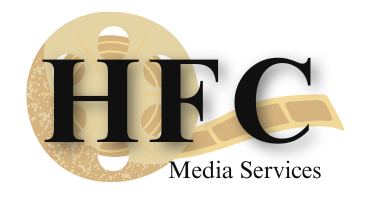 HFC Media Services Logo for HPC Media Services featuring a gold film reel and strip, with the company name overlaid in bold black text.